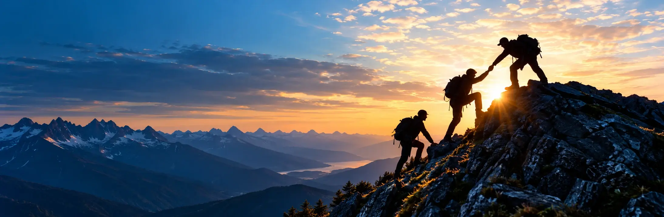 Climbers helping each other reach the next stage of a mountain journey